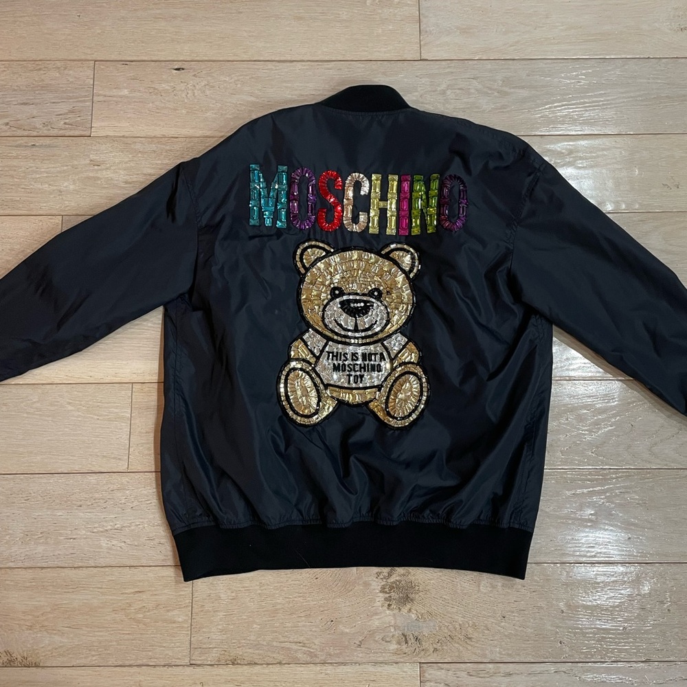 Moschino Black Jacket with Colorful Logo and Bear Design, never worn, no tag